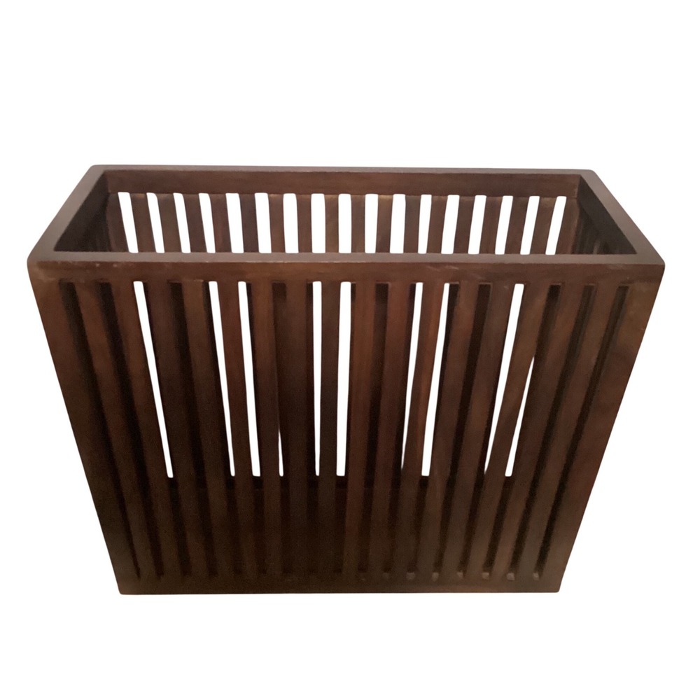 Mid Century Modern Slatted Wood Magazine Holder Floor Rack Dark Brown Heavy